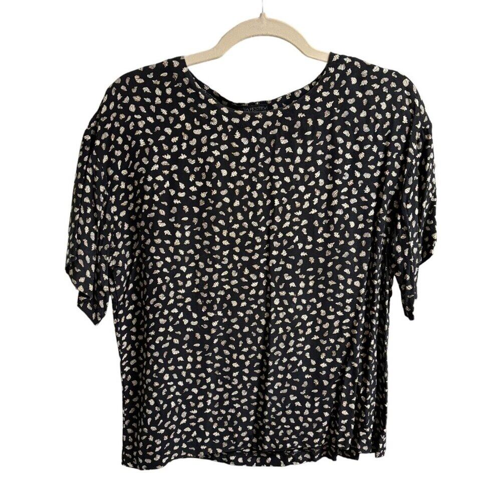 VTG TAPESTRY DESIGNS Short Sleeve Seashell Print Boxy Blouse in Black SZ 8